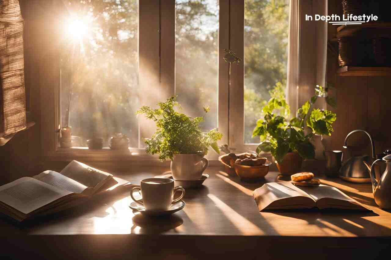 Morning routine coma, sunlight, window, hot tea, green plants, indoor plants, study table, book, Early morning, aesthetic