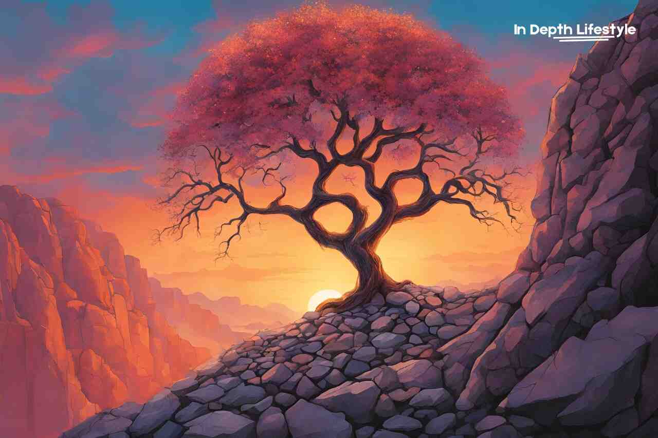 Tree with pink foliage on rocky hill at sunset, symbolizing growth through failure.