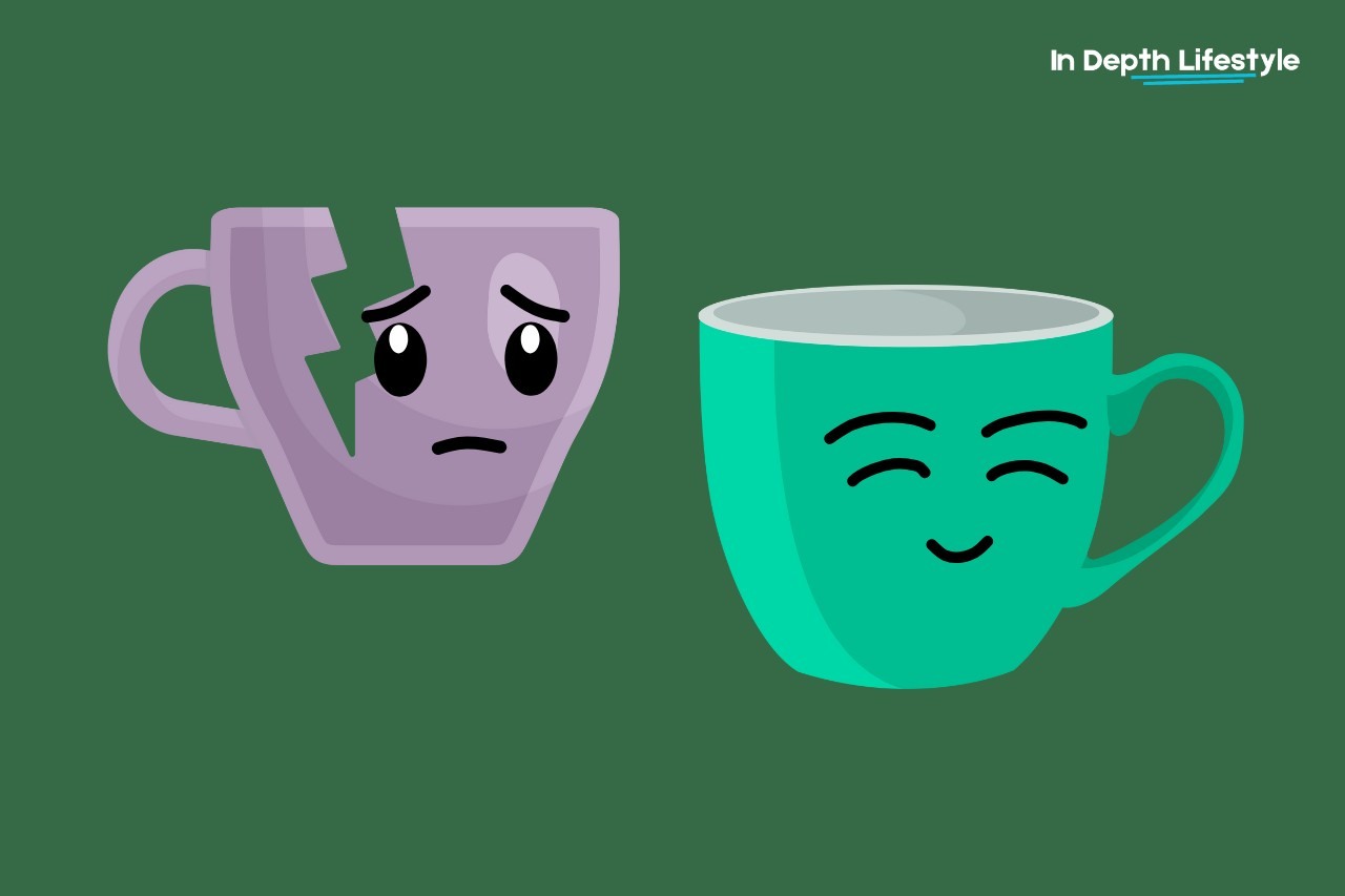 Image comparing a broken cup and a cup to show the importance of self-care