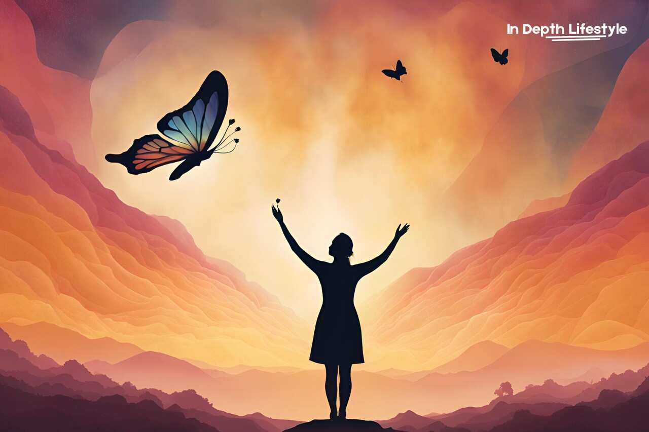 Self-Evolution, dreamy, colorful, butterfly, golden sky, illustrator